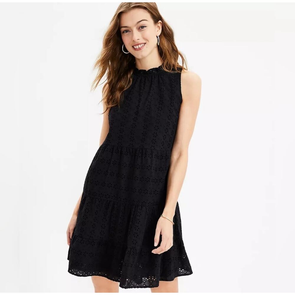 Ann Taylor Loft Black Eyelet Ruffle Neck Tiered Shift Trapeze Dress Pockets XL